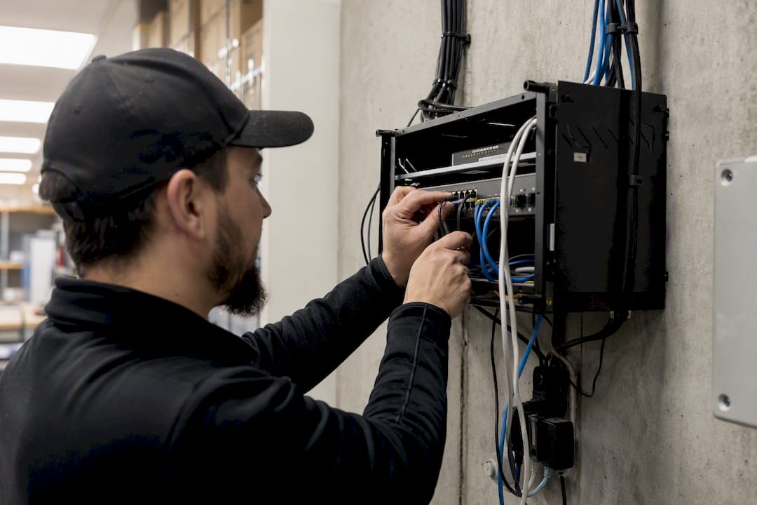 Hands troubleshooting network cables for security cameras