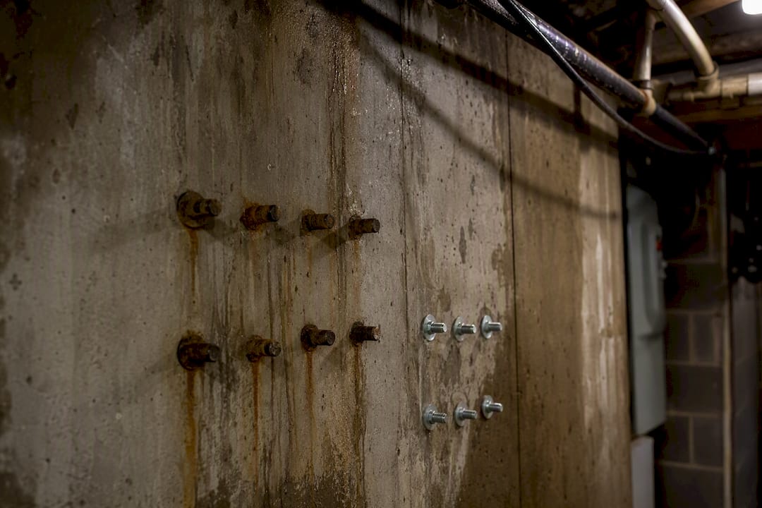 Close-up of galvanized and corroded anchor bolts in damp basement