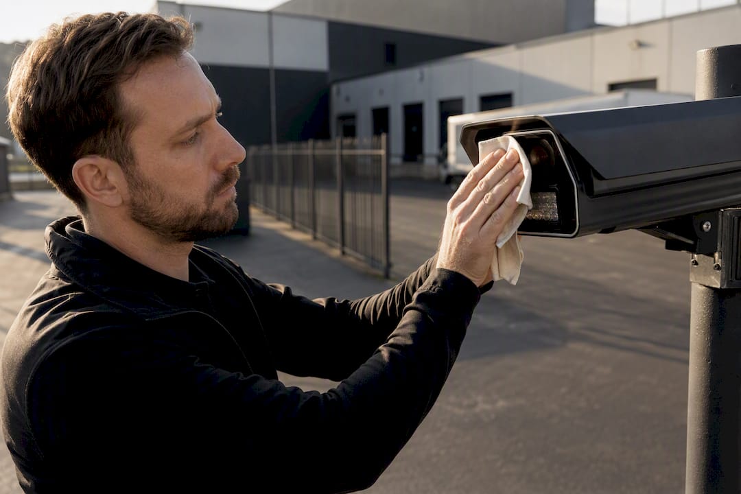 Technician cleaning LPR camera lens cover