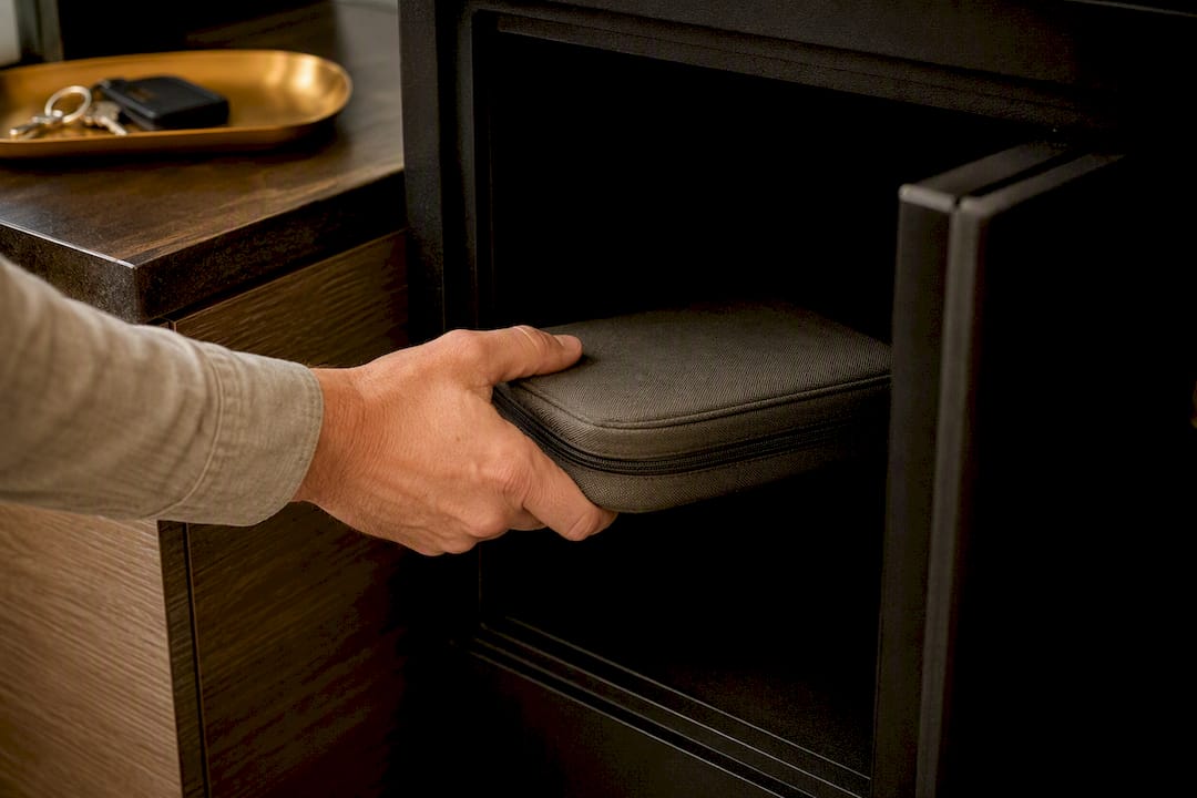 Hand storing records inside a fireproof safe