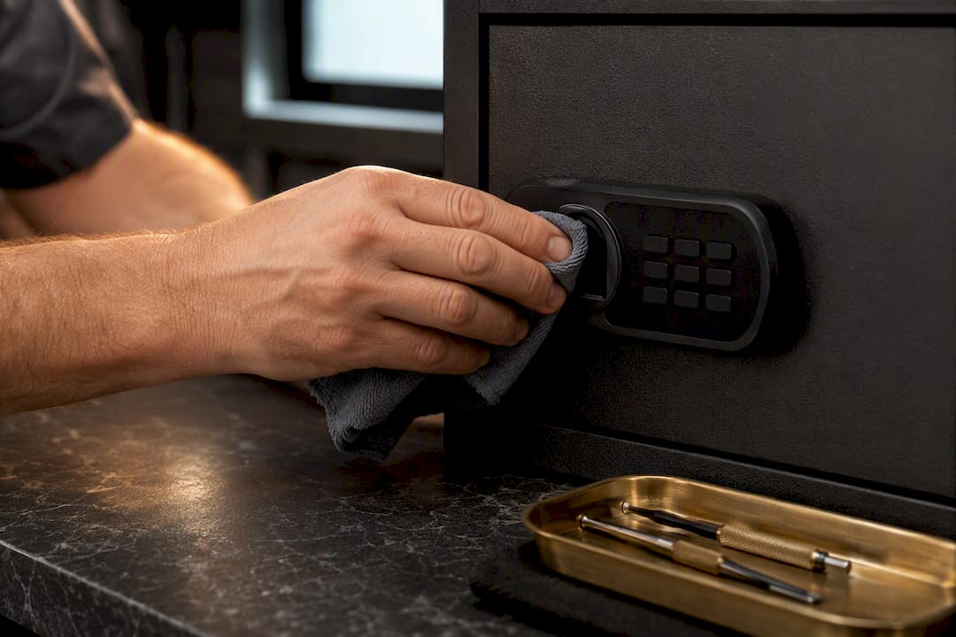 Technician cleaning a safe biometric sensor