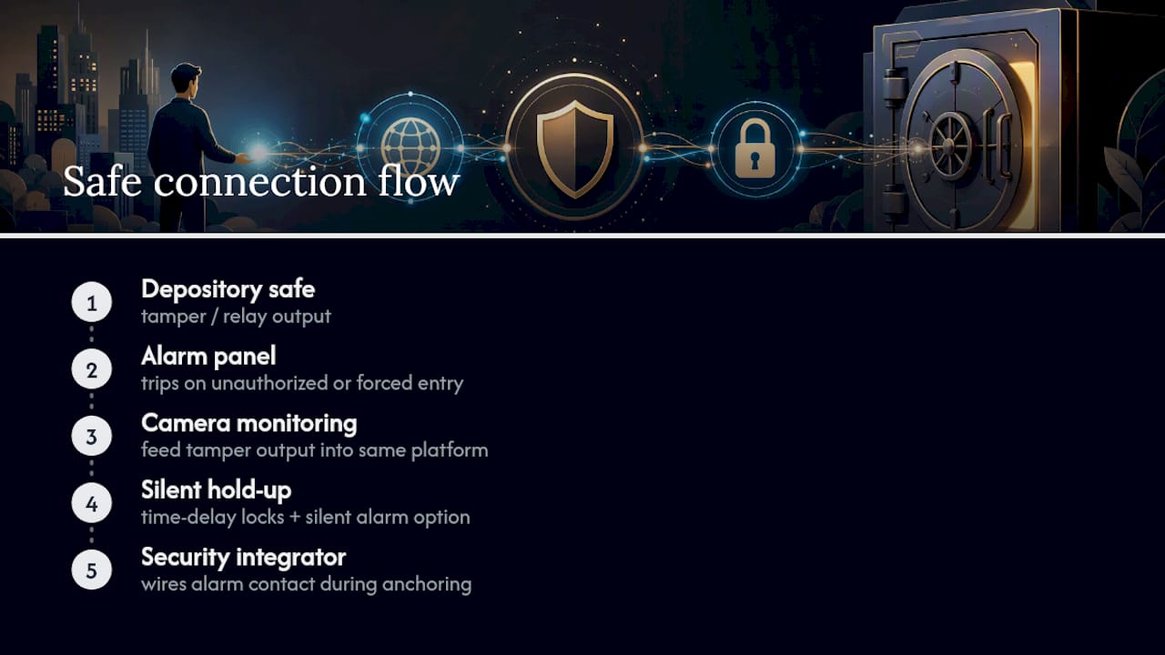 Depository safe connected to alarm monitoring