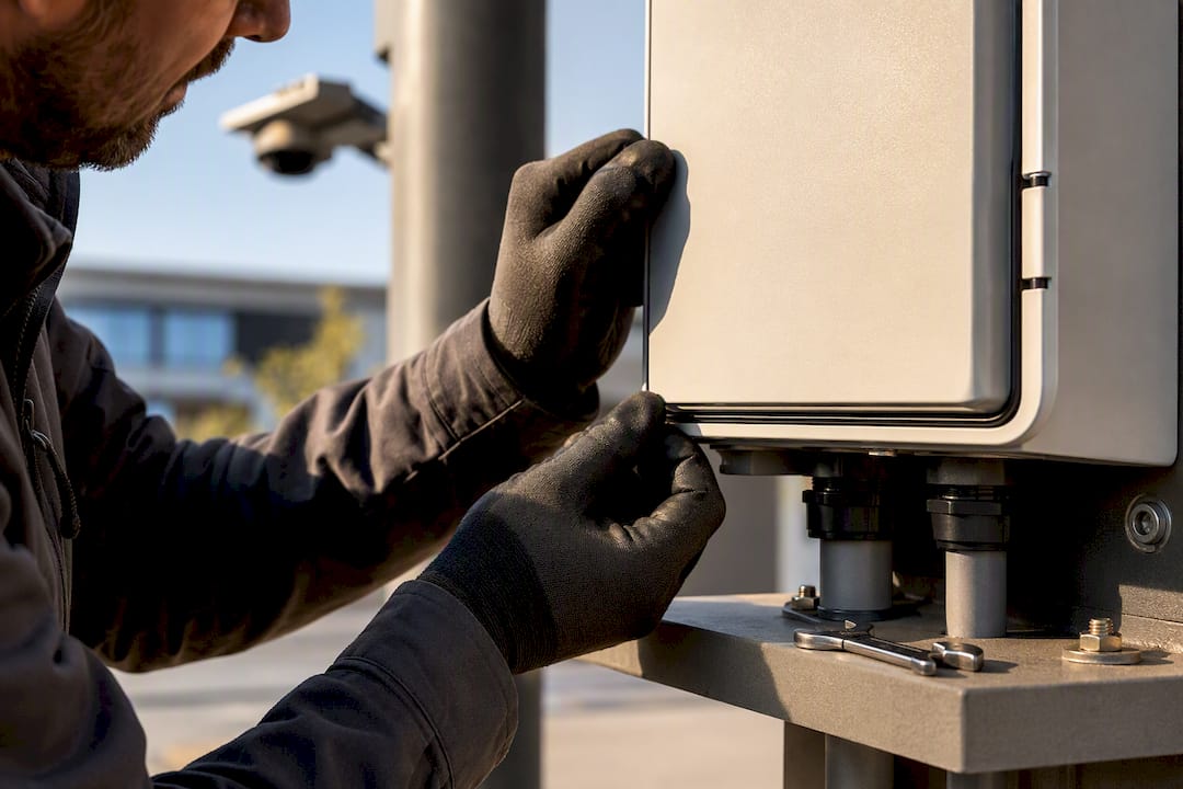 Installer checking weatherproof power enclosure seal