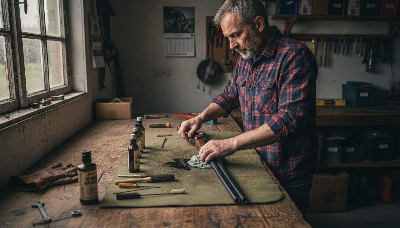 Un chasseur s'apprête à nettoyer son fusil et prépare tout son matériel.
