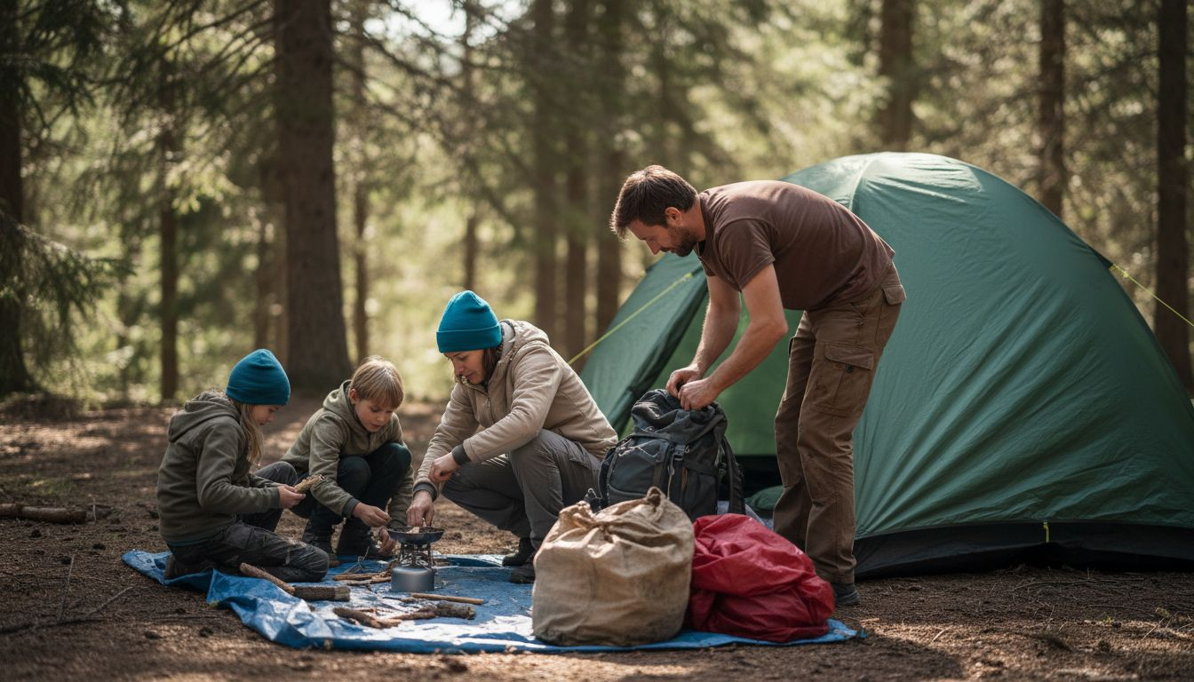 Une famille monte sa tente au cœur de la nature, profitant d’un moment convivial en plein air.