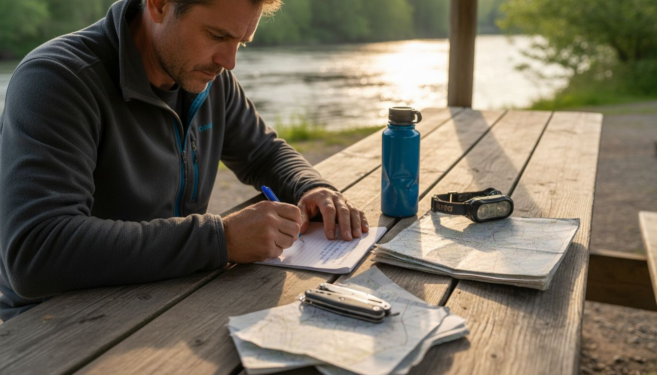 Un campeur prépare soigneusement son matériel, étalé sur la table devant lui.