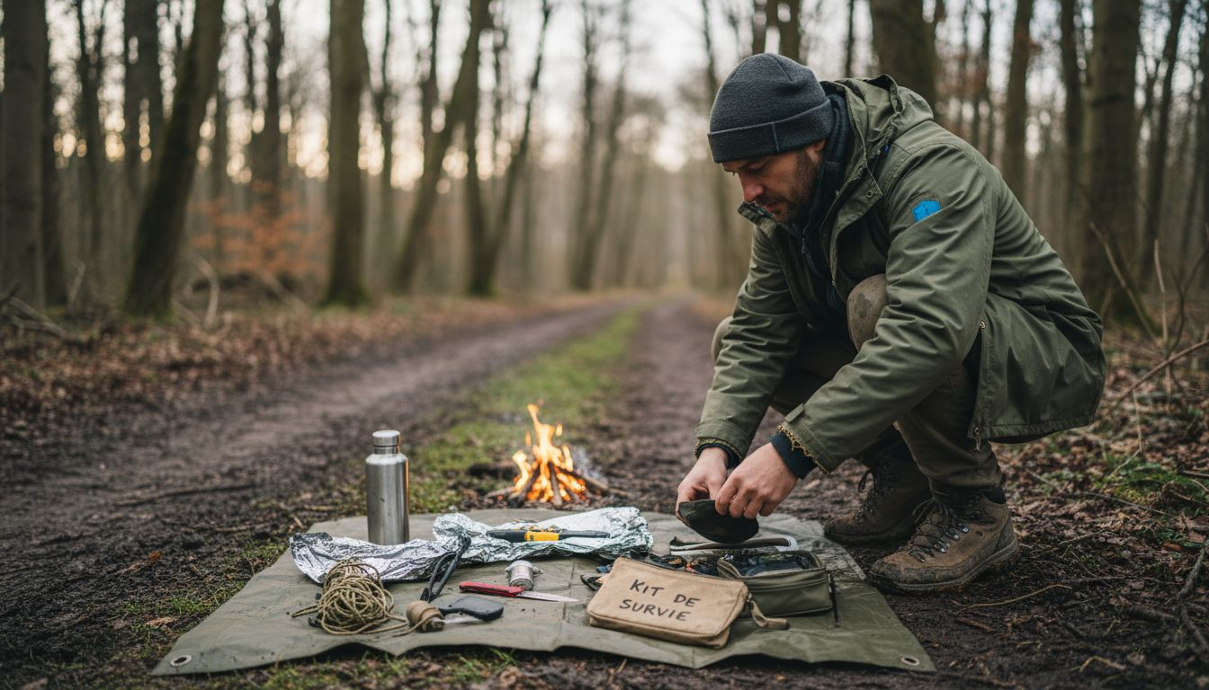 Un aventurier se prépare à passer une nuit en pleine forêt et vérifie soigneusement son matériel de survie.