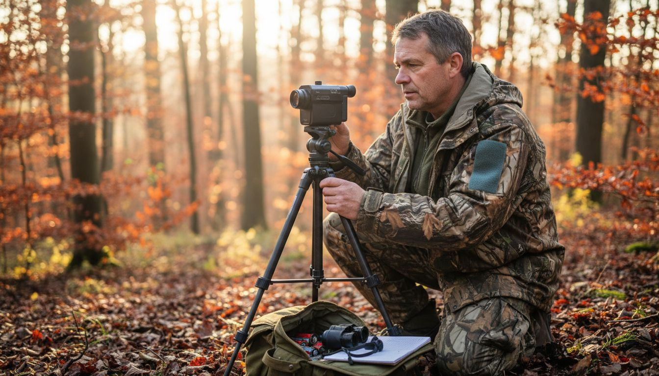 Un chasseur équipé d’une caméra thermique en pleine forêt