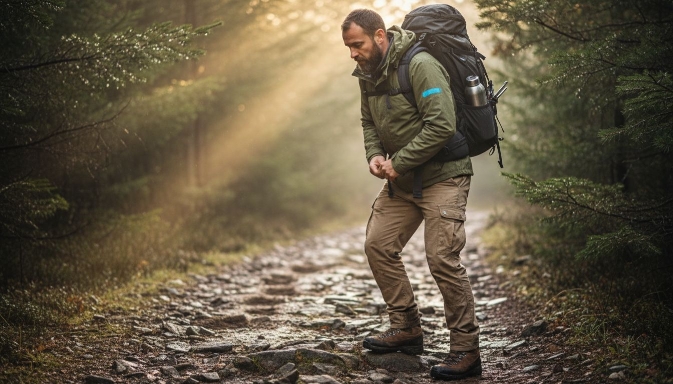 Un marcheur s’aventure sur un chemin forestier détrempé, profitant de l’atmosphère humide de la sous-bois.