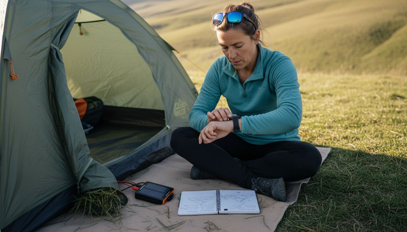 Une femme en pleine nature profite d’un équipement connecté pour ses activités outdoor.