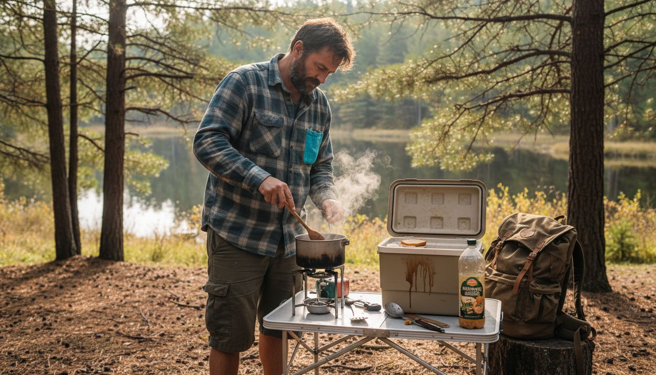 Un homme prépare à manger en pleine forêt, installé sur son campement avec tout son matériel de camping.