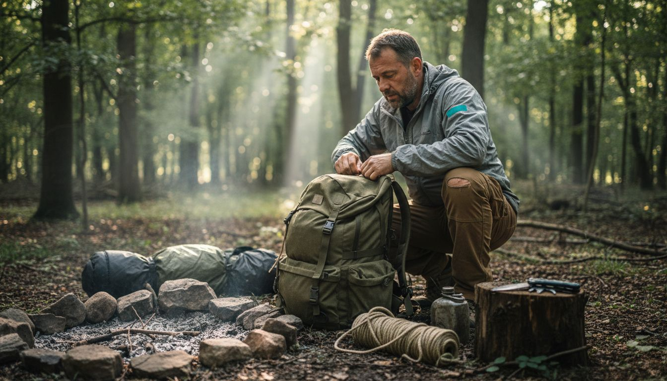 Un homme s'installe en pleine forêt pour organiser un campement de survie.