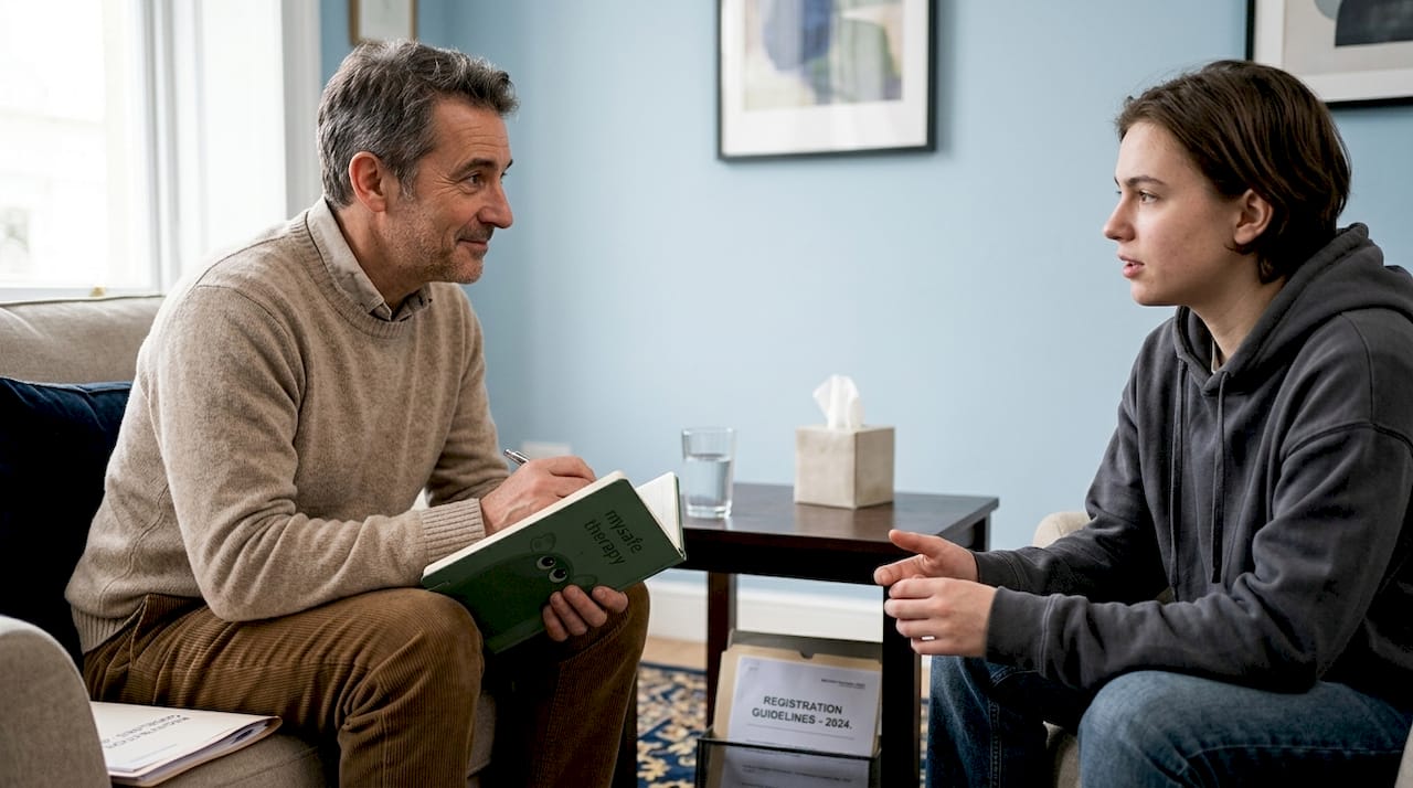 Therapist listening to client in calm meeting room
