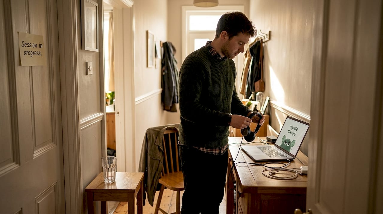 Man prepping small workspace for online therapy