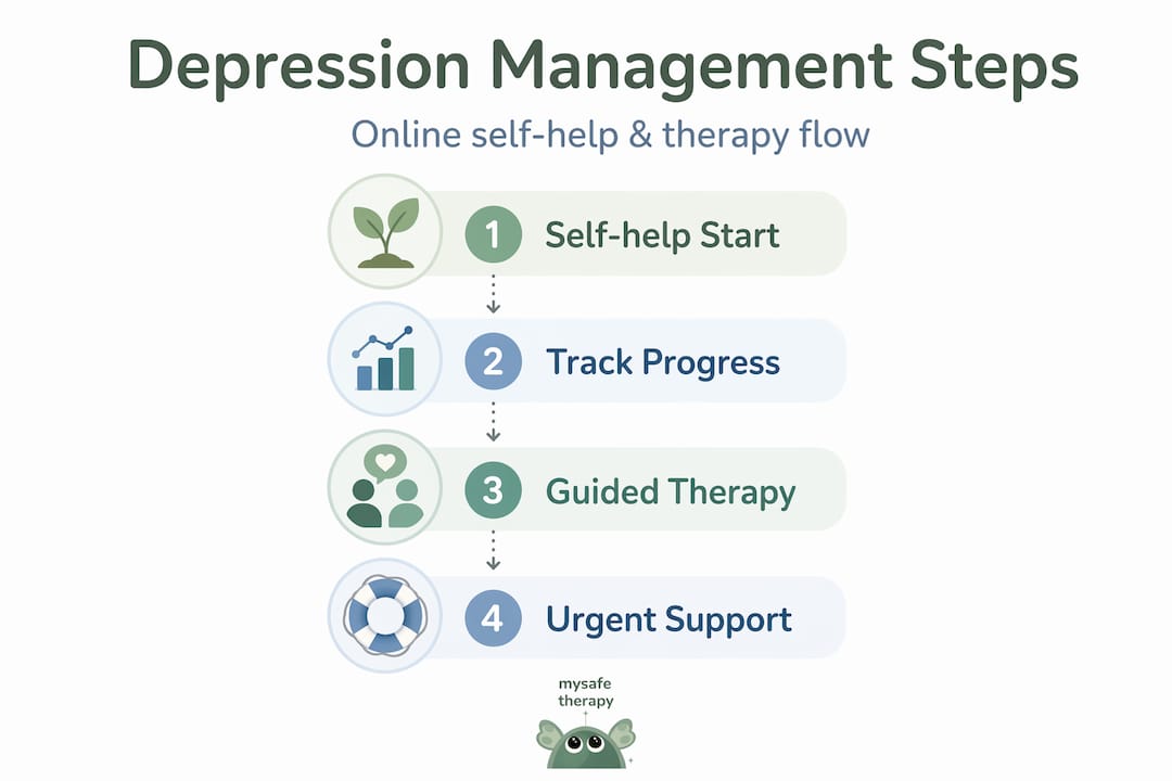 Infographic showing online depression management steps