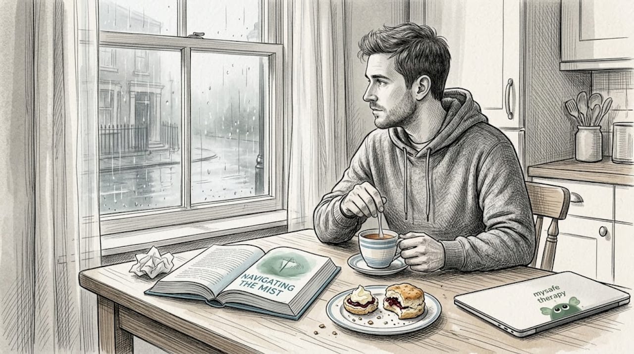 Man coping with trauma at small kitchen table