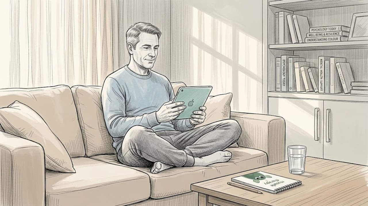 Man on sofa during online therapy at home