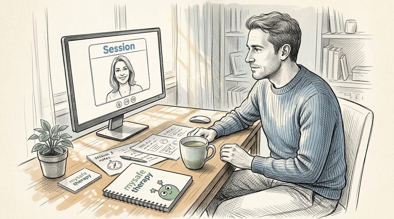 Man in video call therapy session in home office