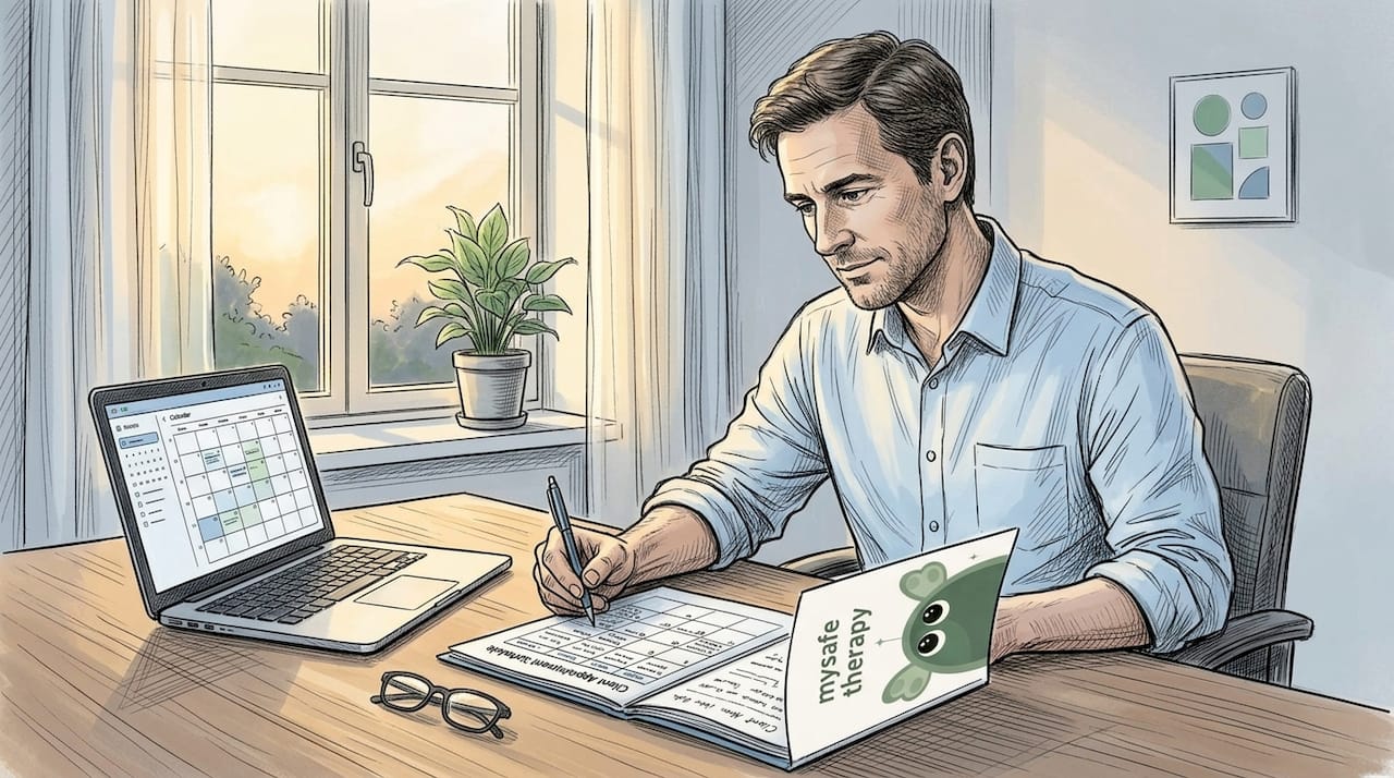 Therapist reviewing evening session appointments at desk