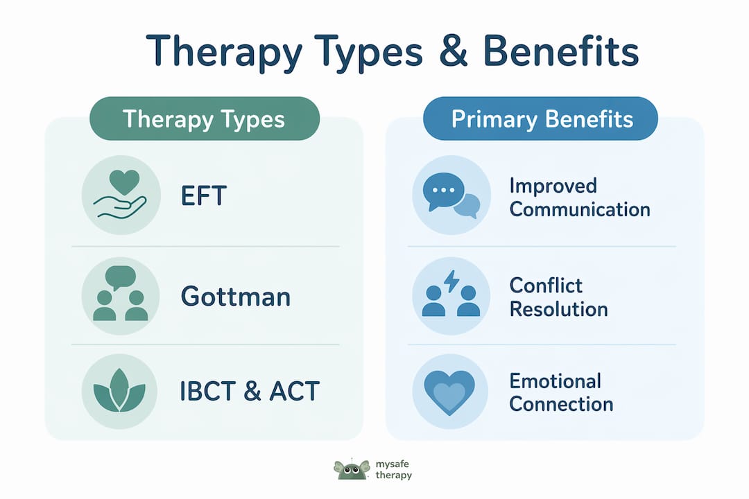 Infographic outlining therapy types and benefits in relationship counselling