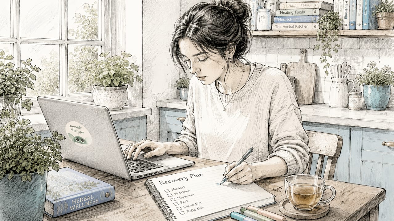 Hands typing next to burnout recovery plan