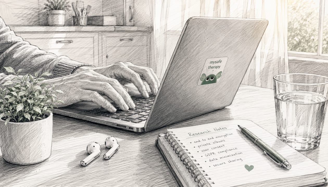 Hands typing on laptop with privacy documents