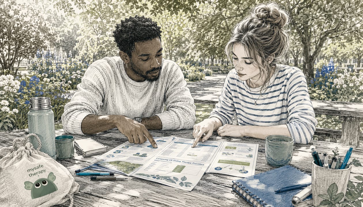 Two adults discussing UK's therapy service comparisons