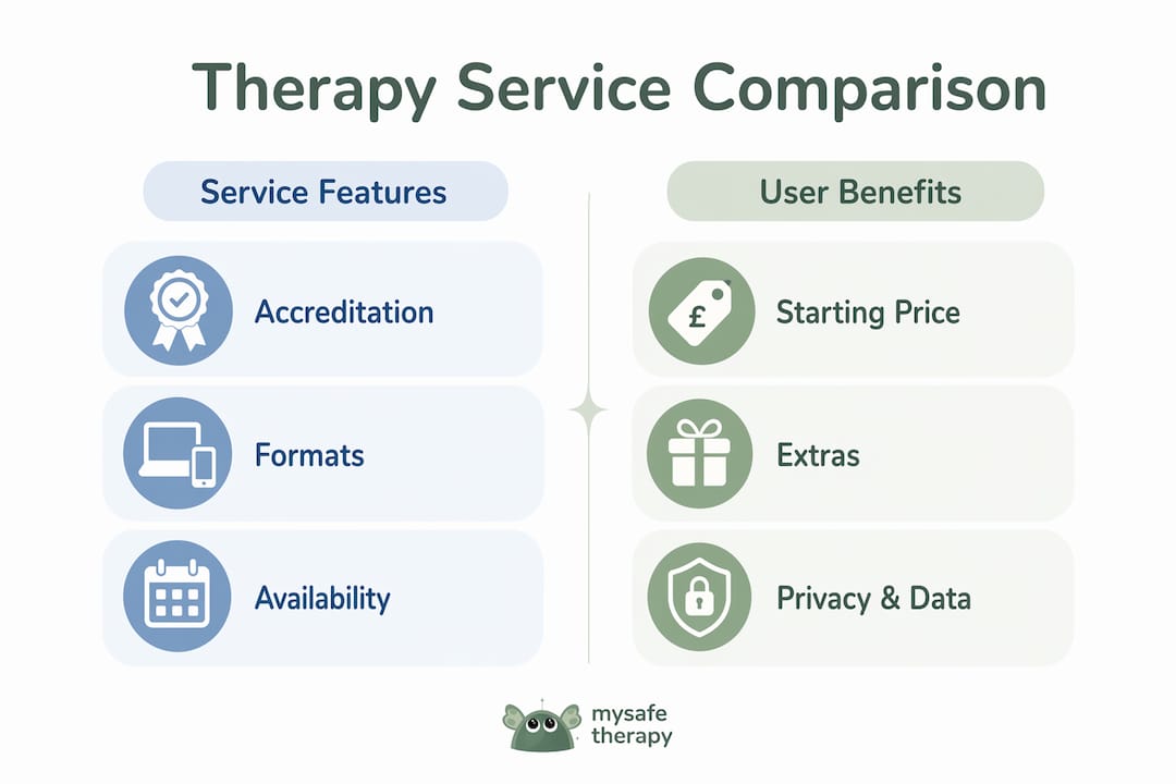 Infographic comparing key factors of UK virtual therapy services