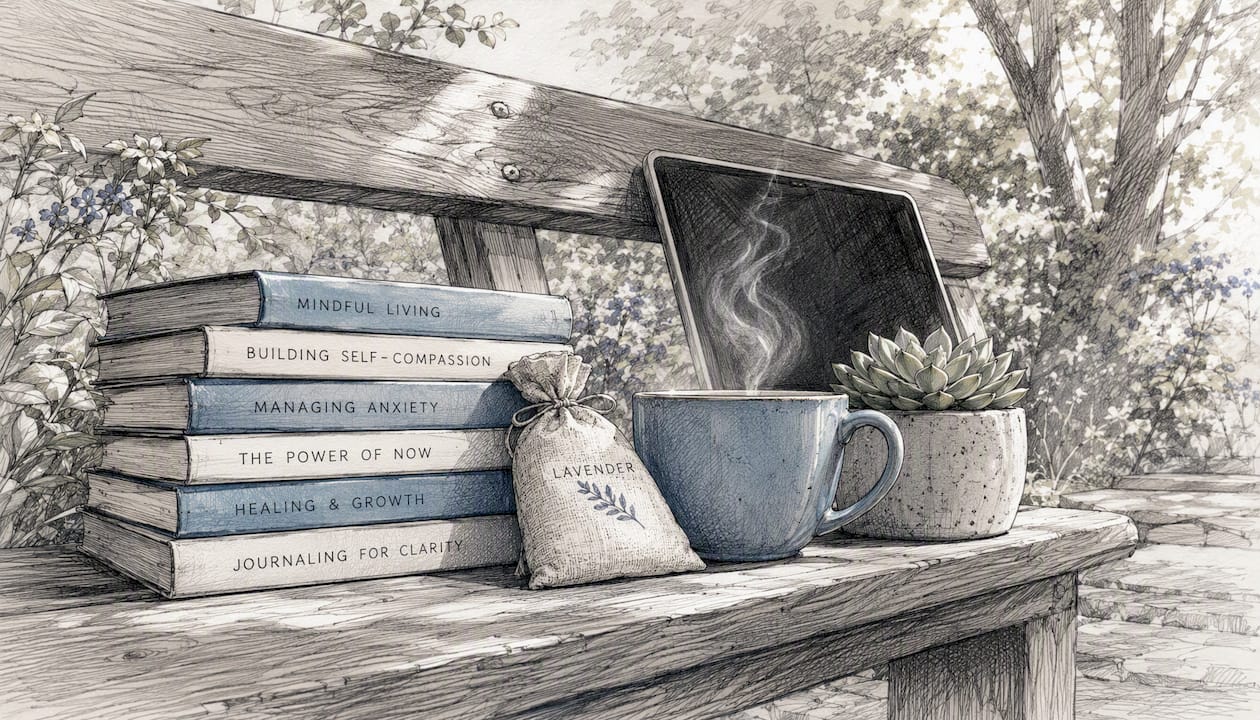 Self-help books and tea on a desk
