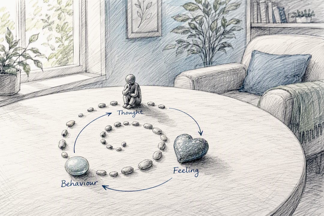 Physical objects representing anxiety thought-feeling-behaviour loop