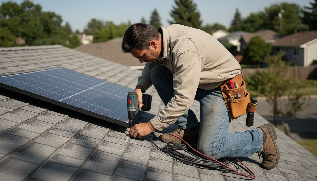 Technician installing solar panels on roof