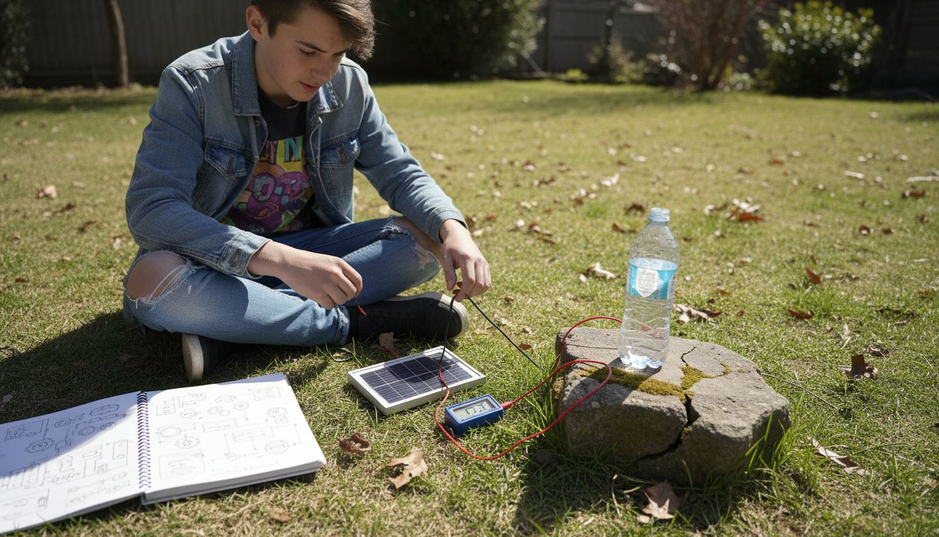 Student examining solar panel outdoors