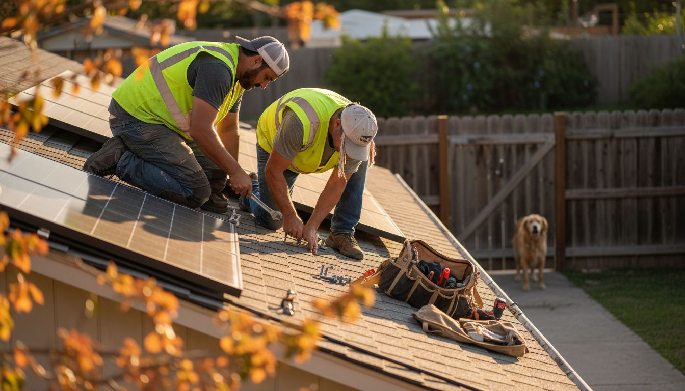 Technicians installing solar panels on home roof