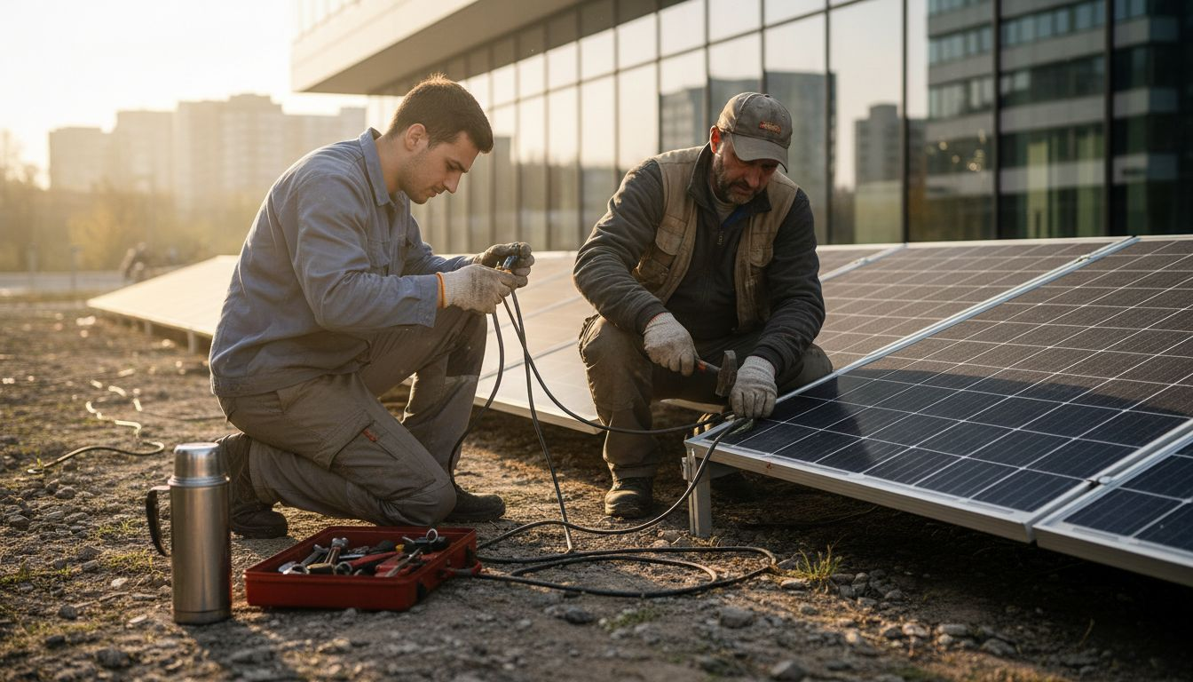 Technicians installing solar panels at office site