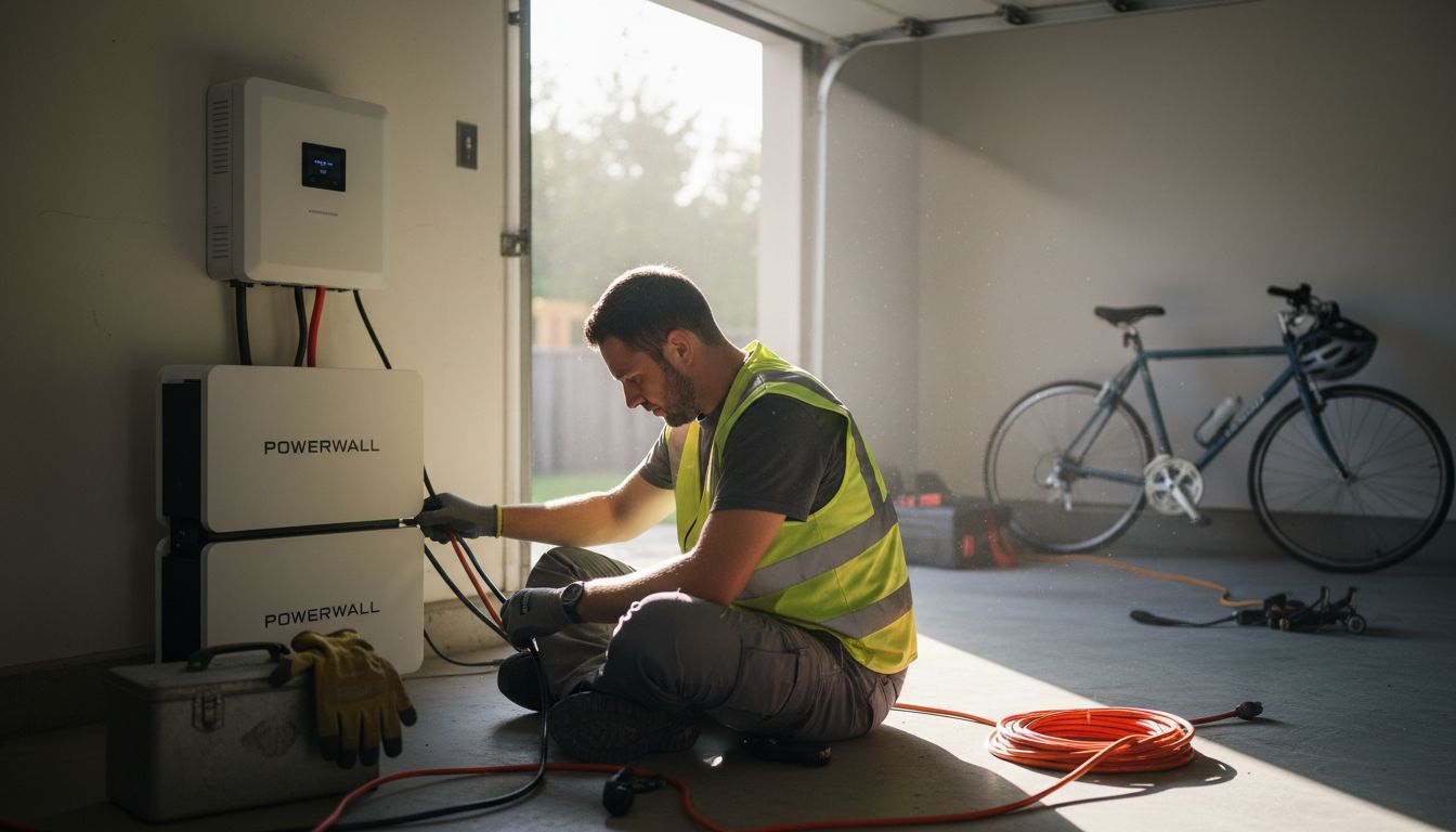 Installer wiring home solar inverter and batteries