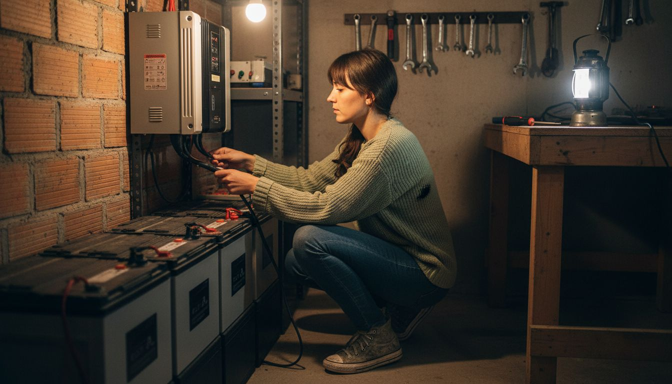 Una mujer instala el inversor y conecta las baterías en su hogar