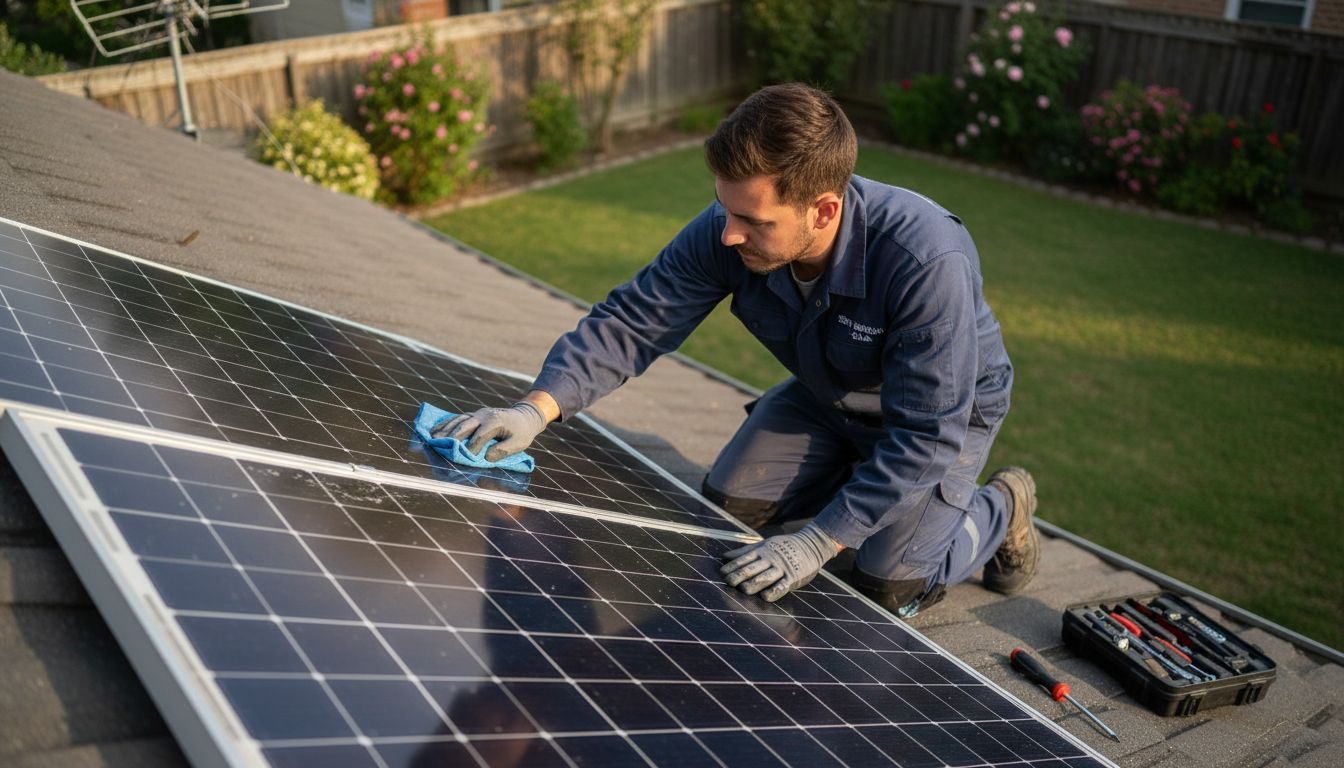 Un técnico revisa y realiza el mantenimiento de los paneles solares instalados en el tejado de una vivienda.