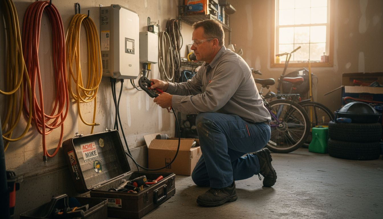 Technician installs solar inverter in garage