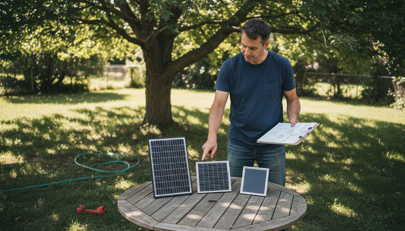 Homeowner comparing solar panel types in backyard