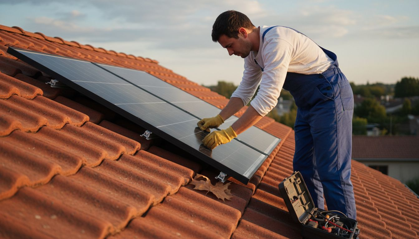 Un especialista instala un panel solar en el tejado de una vivienda