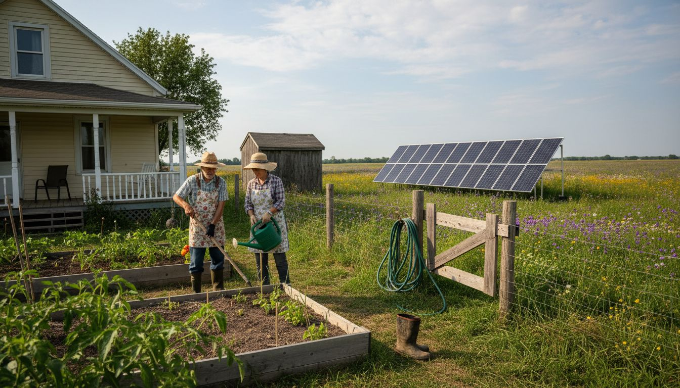 Rural solar panels and garden with farmhouse