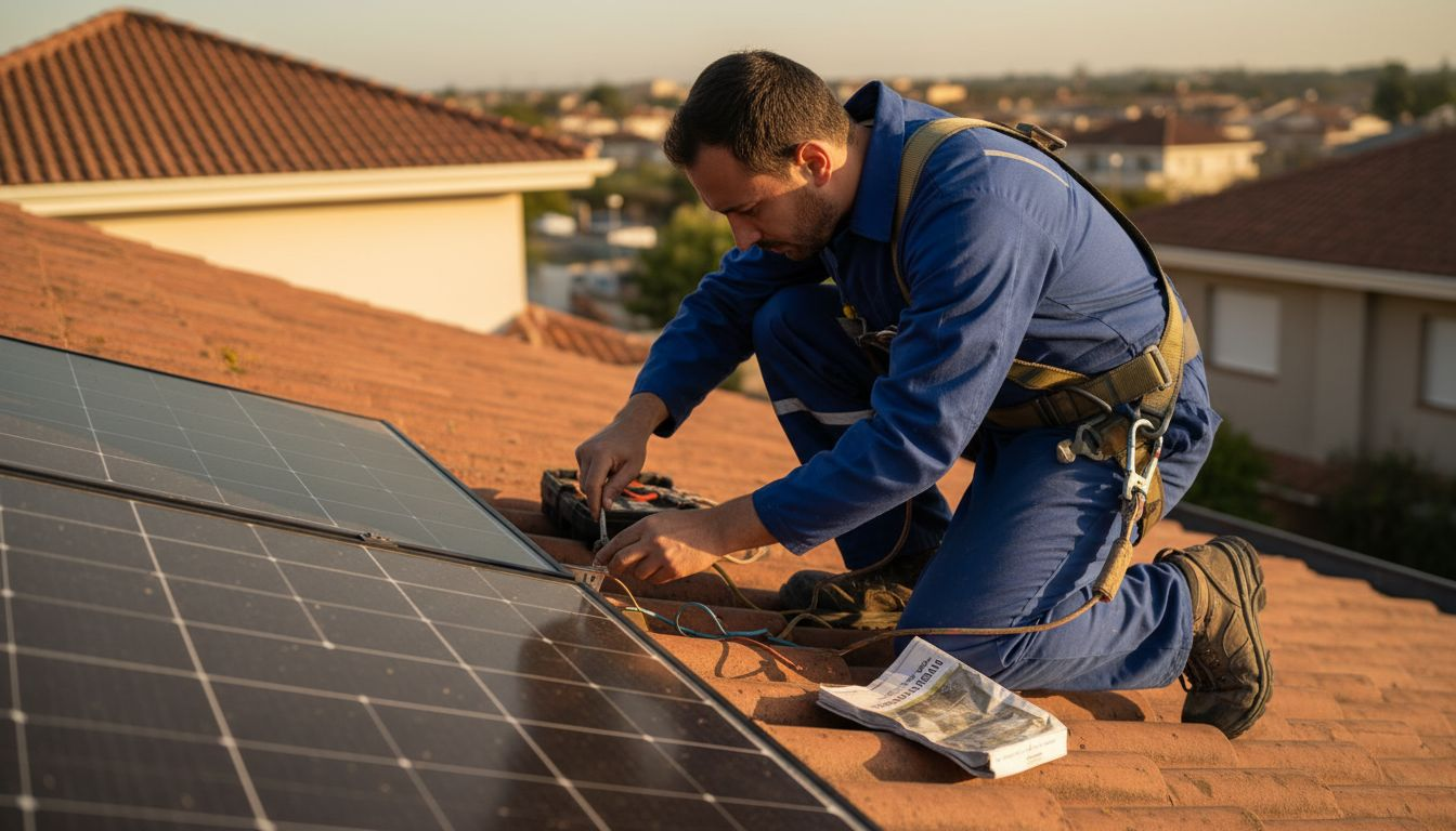 Especialista realizando la instalación de un panel solar en una vivienda