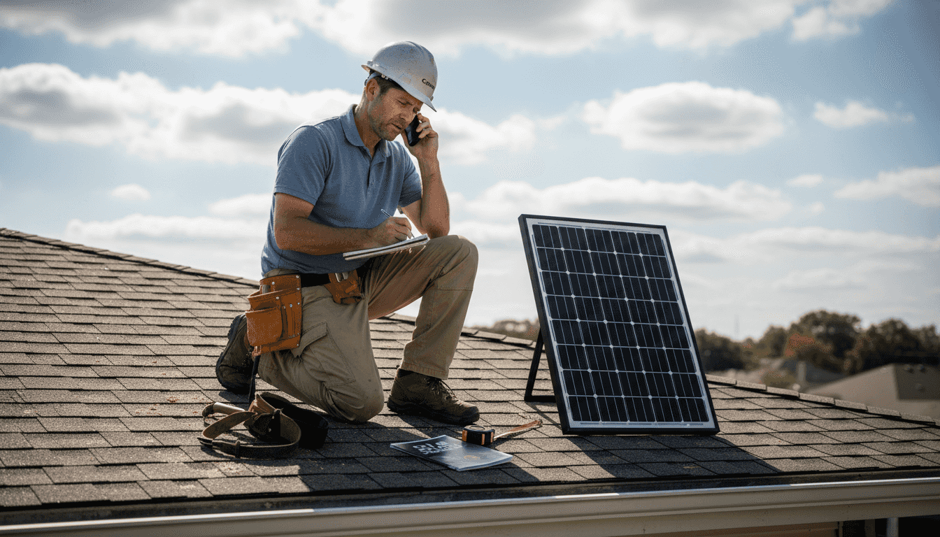 Contractor comparing solar panel options on roof