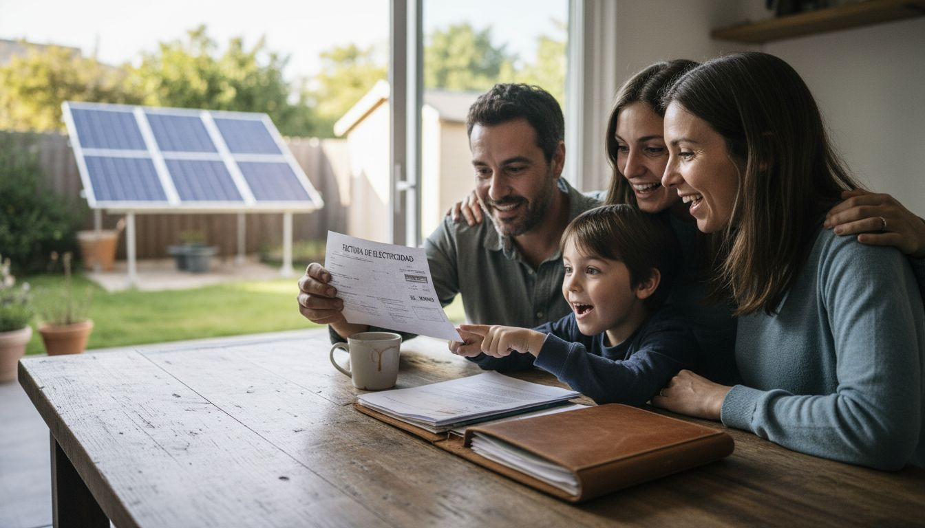 Una familia revisa el recibo de la luz mientras observa cómo los paneles solares han ayudado a reducir el consumo.