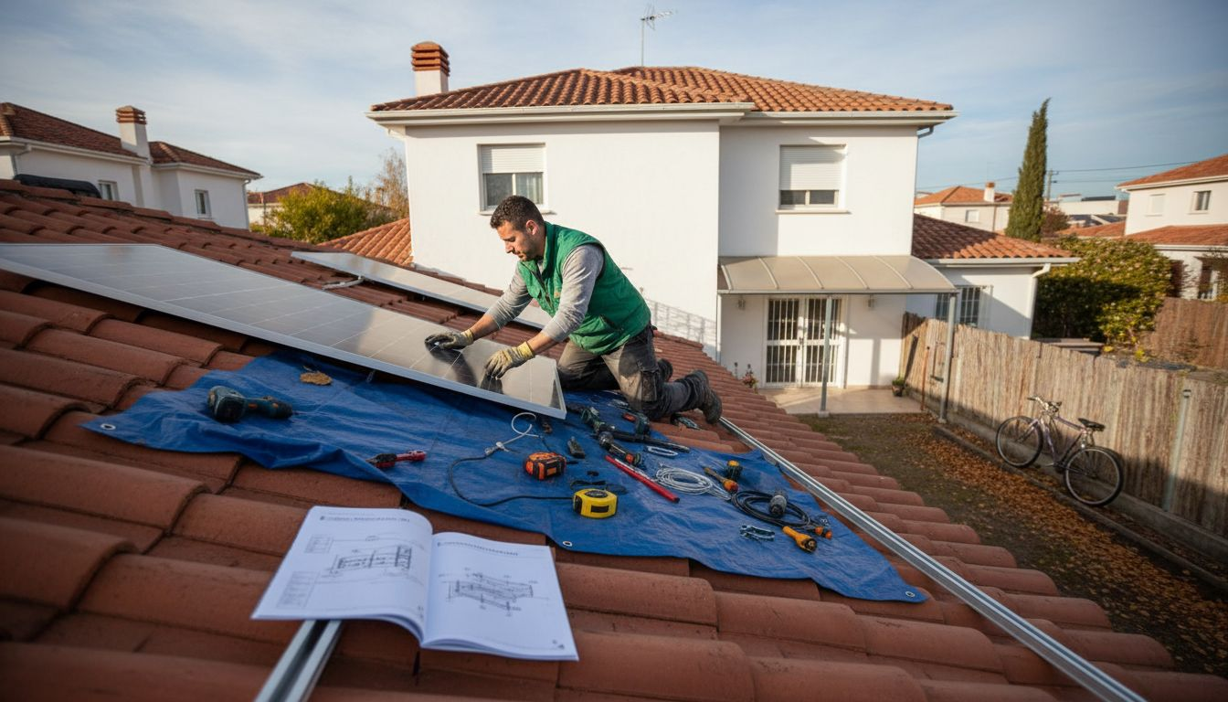 Técnico instala paneles solares en una vivienda
