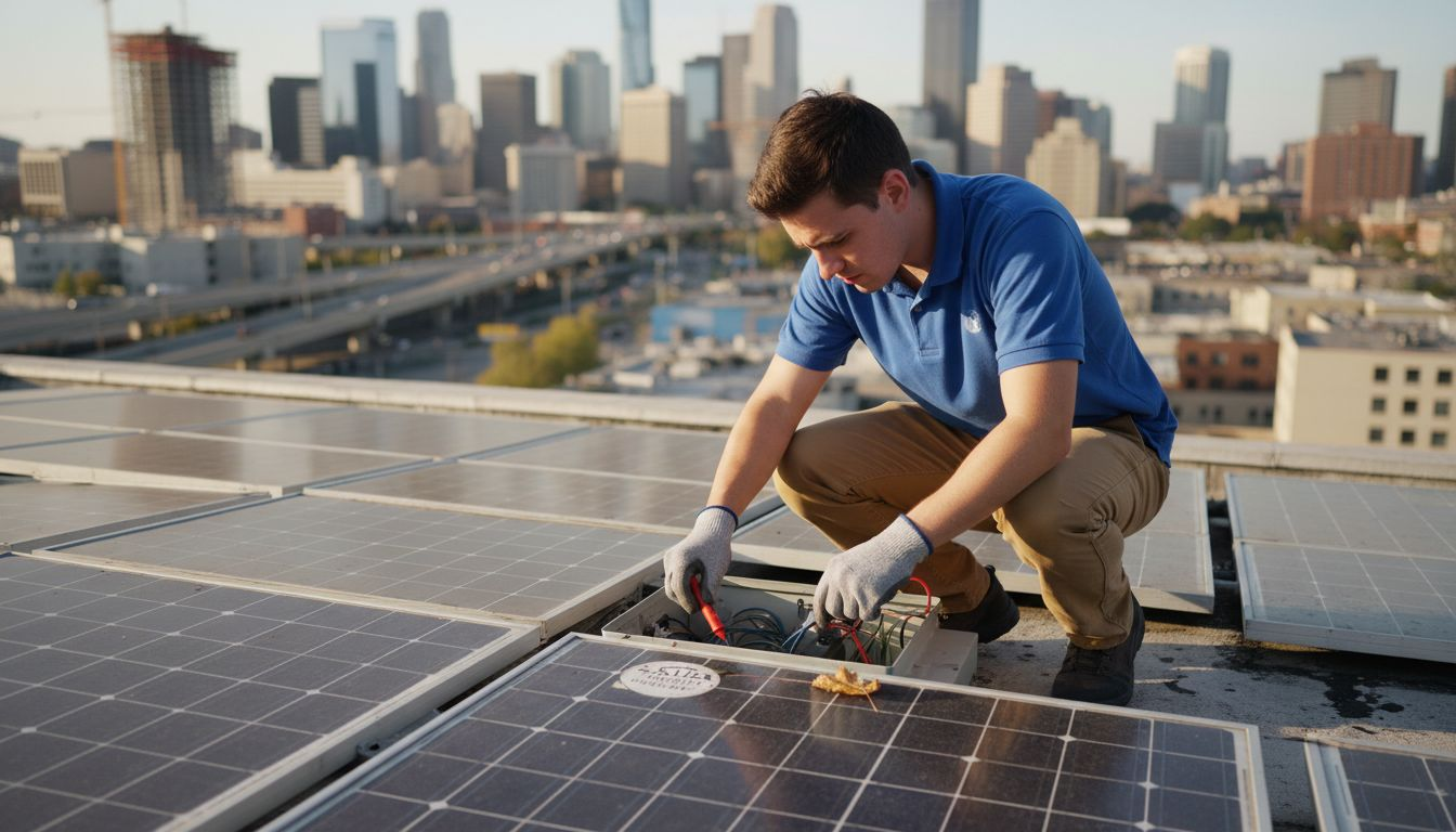 Technician checks solar panels on city rooftop