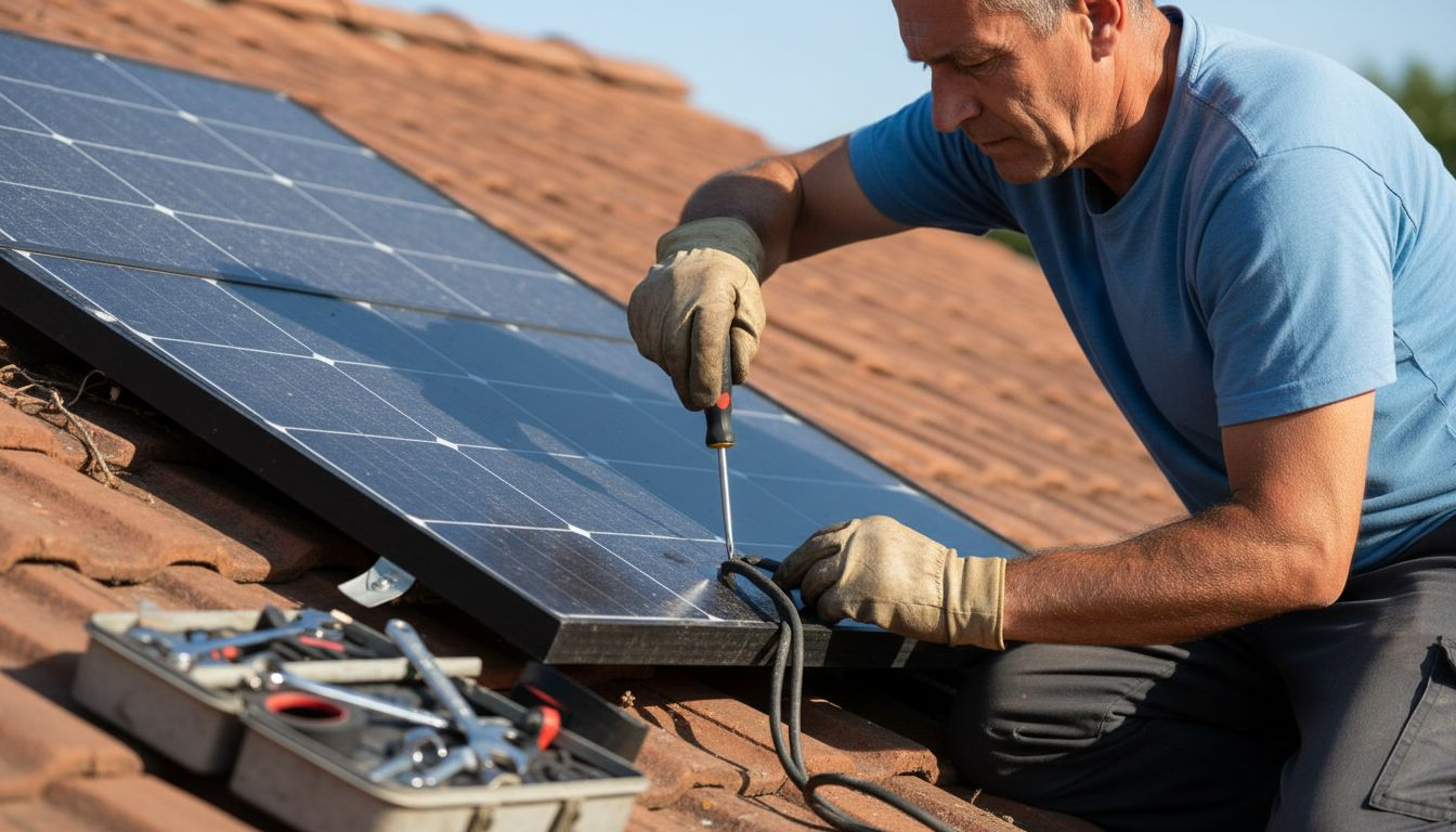Un técnico instala un panel solar en el tejado de una vivienda.