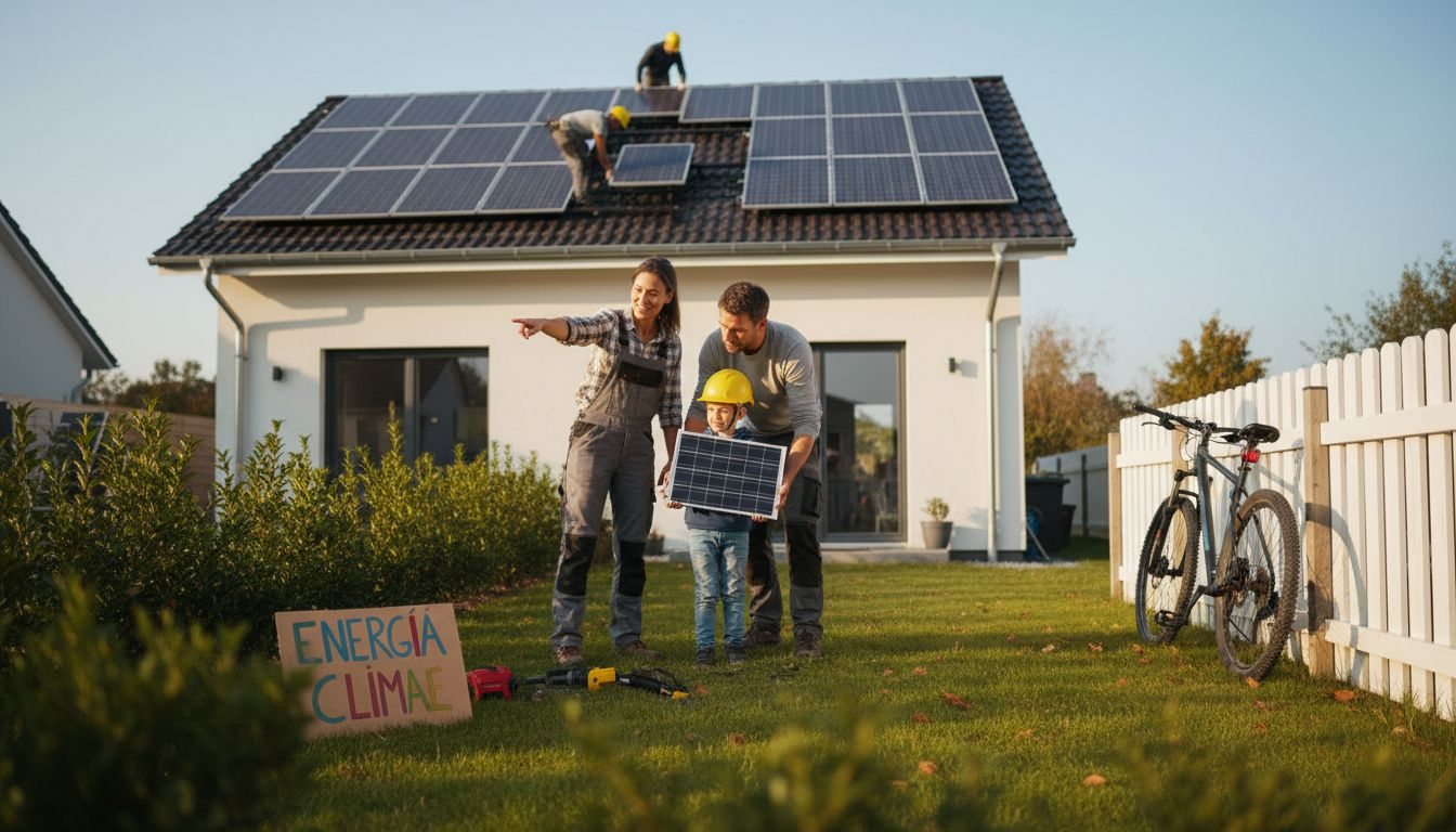 Una familia aprovecha el buen tiempo para colocar paneles solares en el techo de su casa, apostando por la energía renovable y el ahorro en la factura de la luz.