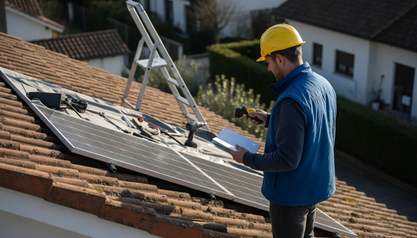 Especialista revisando el tejado antes de instalar paneles solares