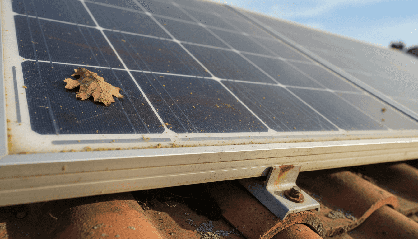 Close-up of aged solar panel with dust